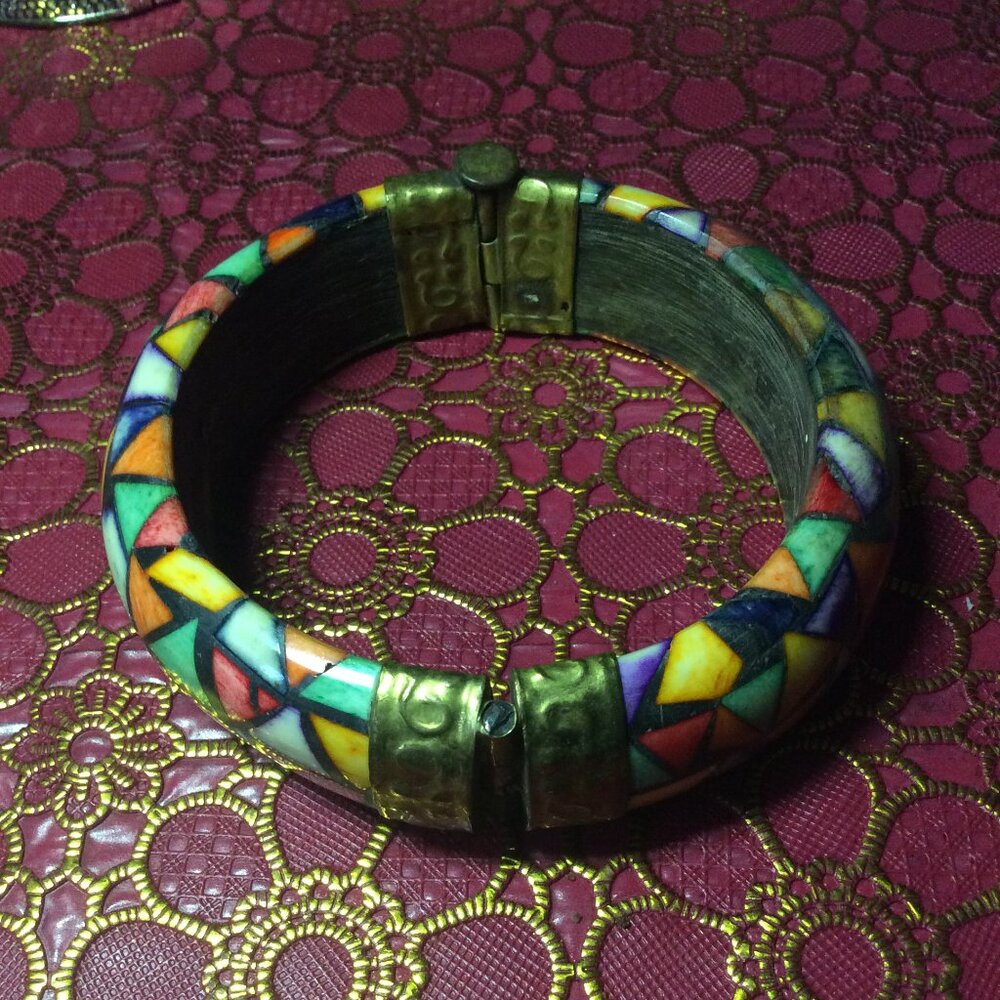 Vintage Hindu Indian Bone Hinged Bangle Bracelet